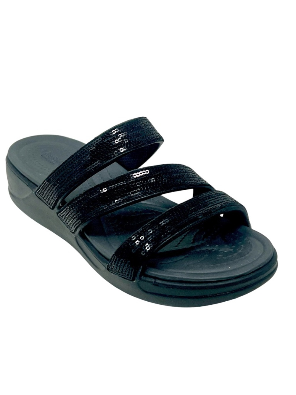 Women's Crocs Boca Black Sequin Strappy Wedge Sandals size 8